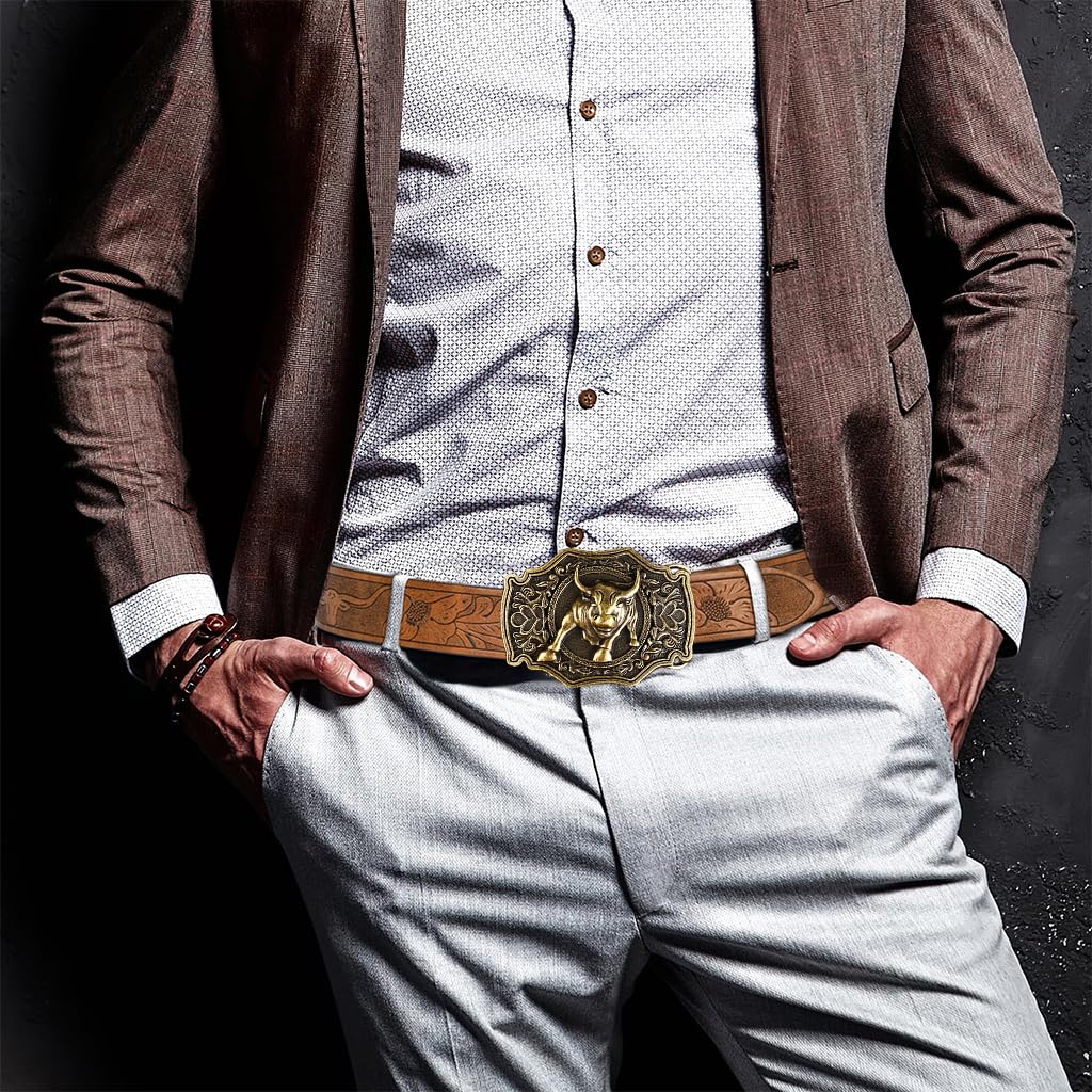 GUSTAVE Men's Belt Vintage PU Leather, Embossed Design with Alloy Bull Buckle, Durable & Stylish, 49 Inches Length, Gift for Men, Brown