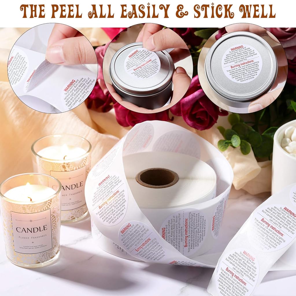 HASTHIP 500 sheet Warning Lable Sticker for Candle Jar Scented Candle Self-adhensive Warning Sticker Safety Labels Decal for 1.5 inch Candle Making DIY Candle Jars,Handmade Candle
