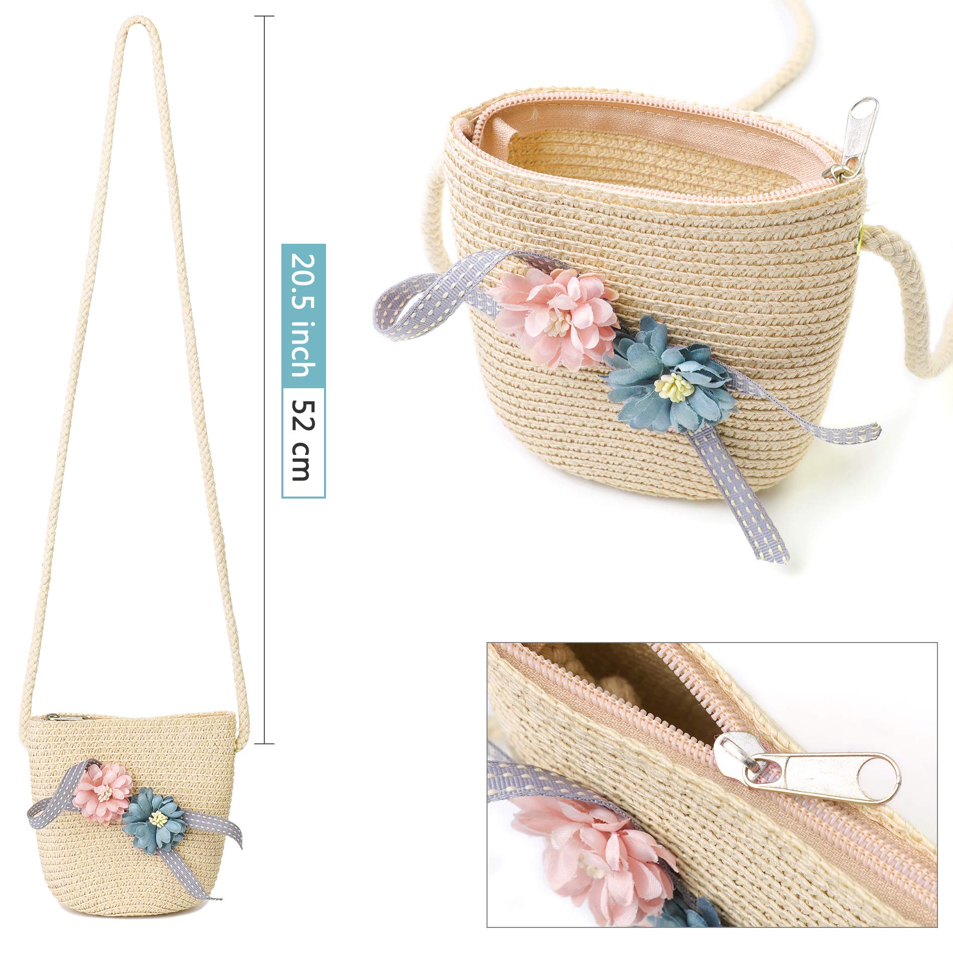 PALAY Summer Straw Hats for Girls 4-6 Year-Old Kids Flowers Straw Cap Beach Sun Hat Tea Party Hat Purse Holiday Travel Outdoor Beige