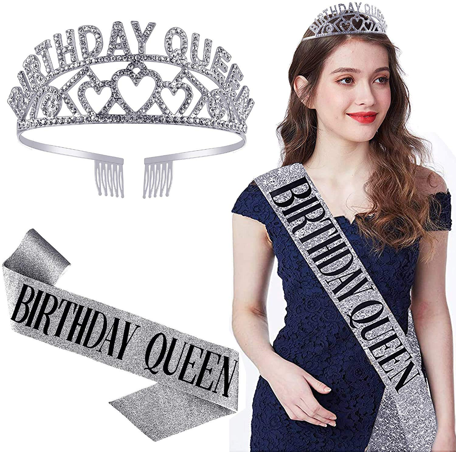 HASTHIP Silver Crystal Tiara Headband Princess Elegant Crown with Sash Sets for Women,Girls Bridal,Wedding,Prom & Birthday Party