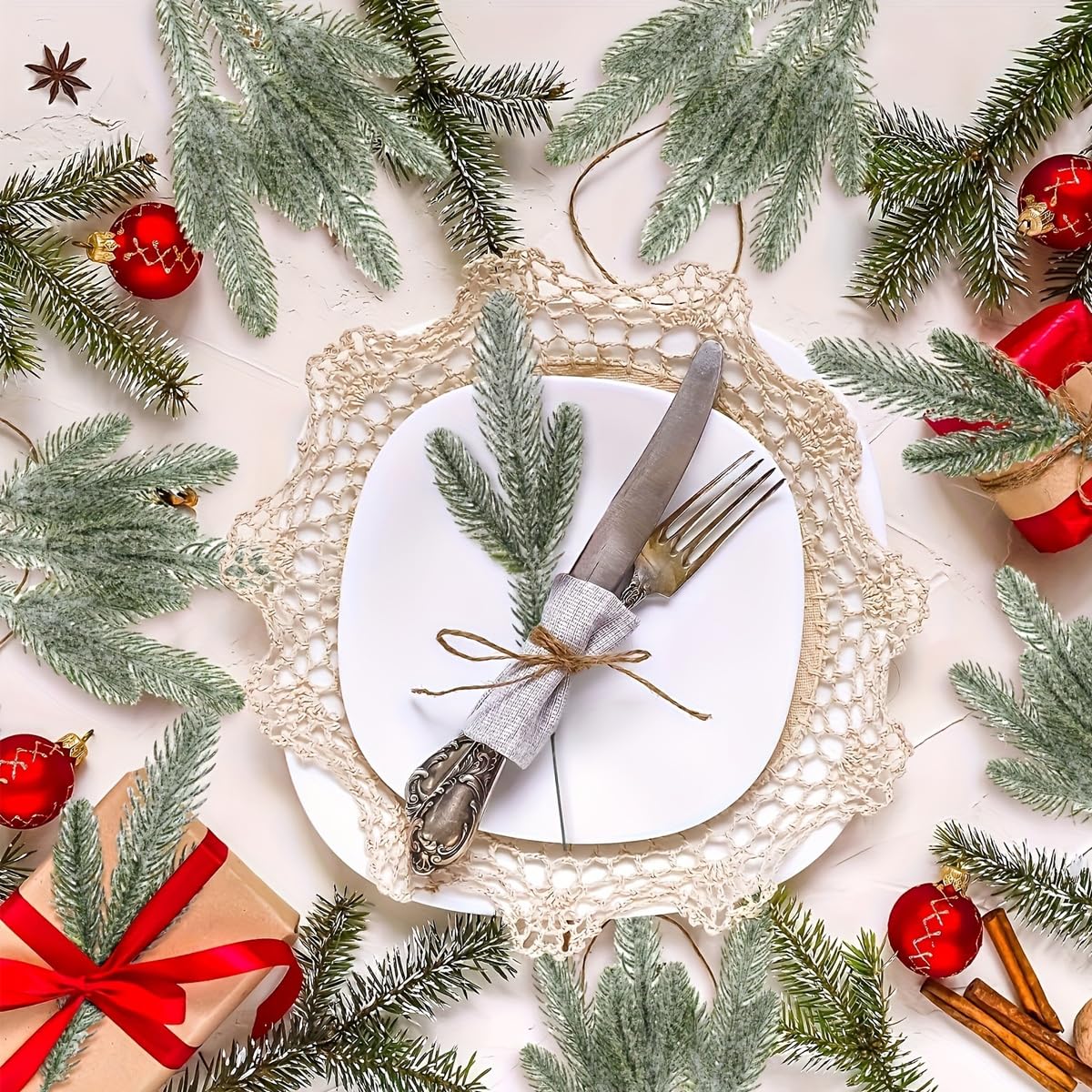 HASTHIP 30pcs Christmas Tree Ornaments 10.24inches Snow-Dusted Pine Branches Green Flocked Pine Needle Branches Multi Purpose Decorative Christmas Pine Branches for Garland Wreath Home Garden Decor