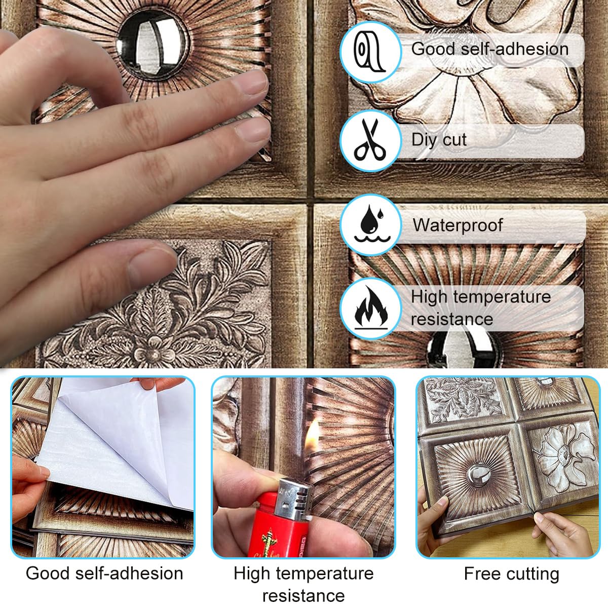 HASTHIP 10Pcs 3D Vintage Floral Embossing Wall Stickers - 11.8 Inches Square Self-Adhesive Brick Wallpaper, DIY Wallpaper for Home Hotel Living Room Bedroom Cafe Deco