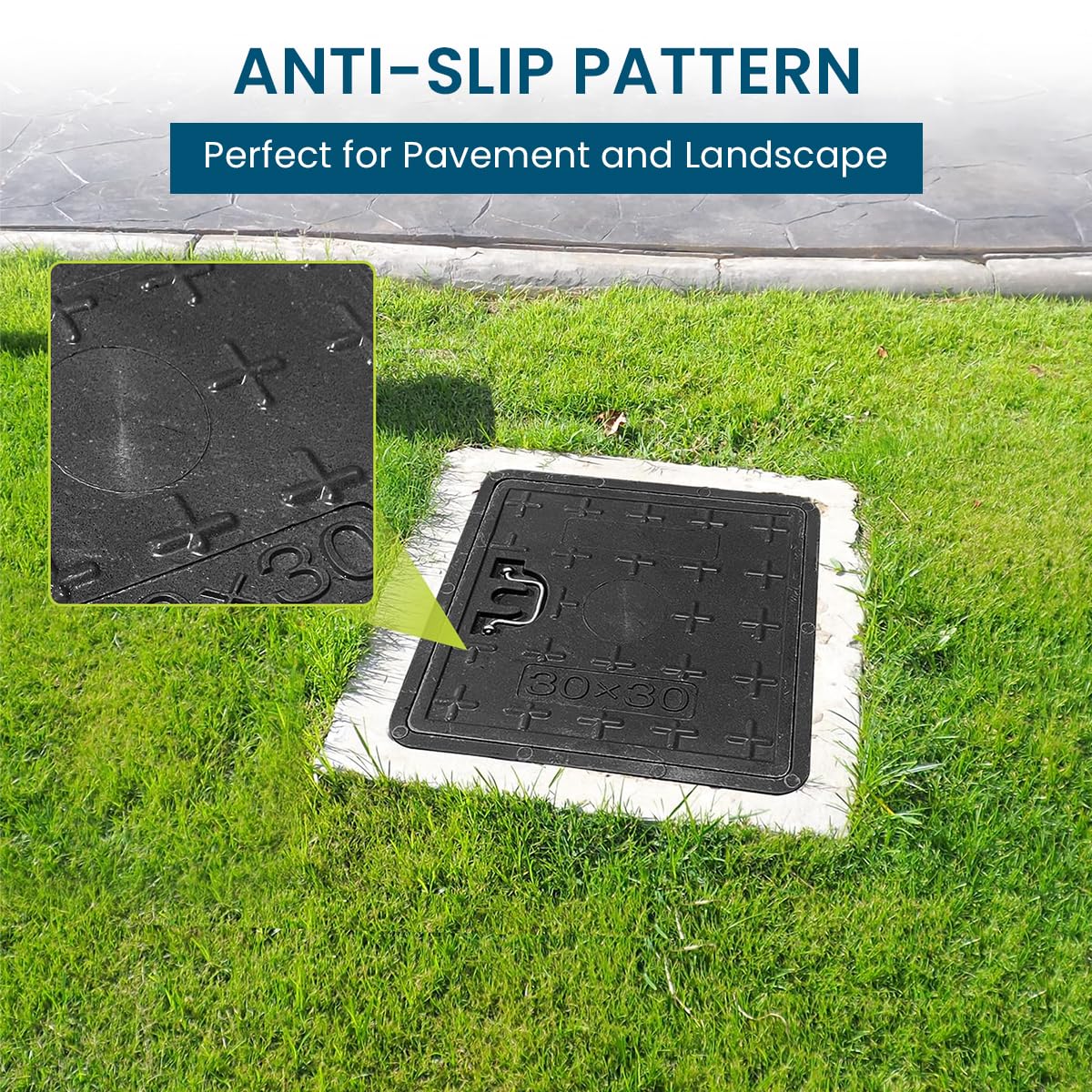 HASTHIP Square Manhole Cover - Lightweight Resin Manhole Cover with Folding Metal Handle, 11.8''x11.8''x1.37'' Square Inspection Chamber Cover for Urban Utility Access