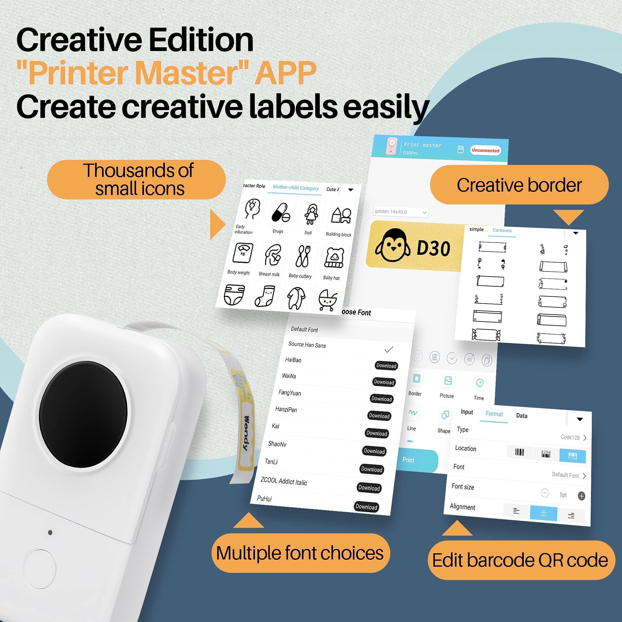 HASTHIP D30 Label Maker,Sticker Maker Machine with One Tape Inkless Small Bluetooth Label Printer for iOS and Android Thermal Inkless Printer for Home Office-White