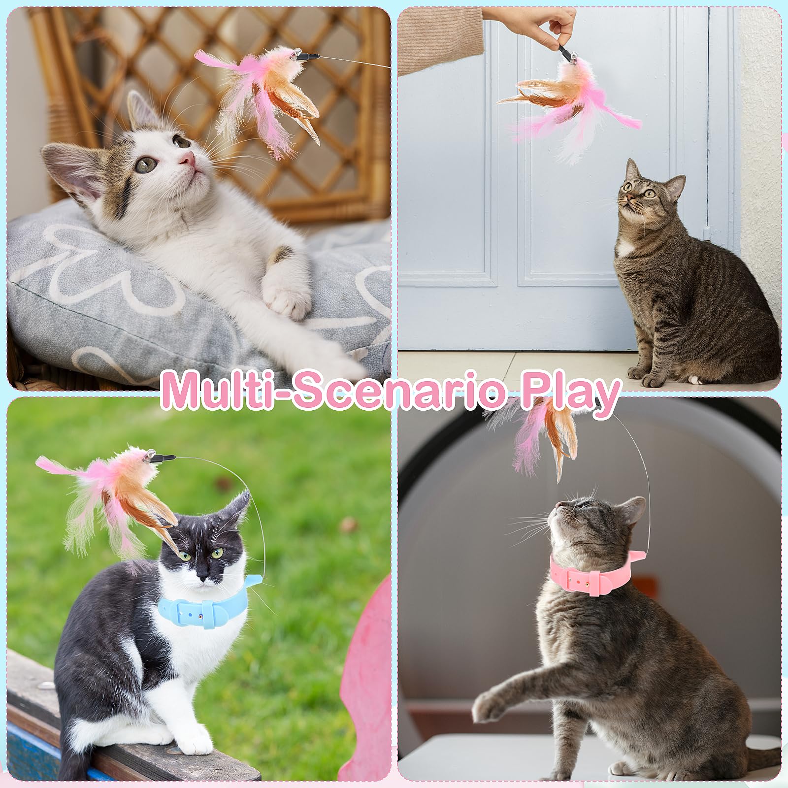 Qpets Cat Feather Collar Cat Teasing Feather Collar Adjustable Rubber Cat Collar Flexible Teasing Feather Toy Self-Entertainment Cat Toy