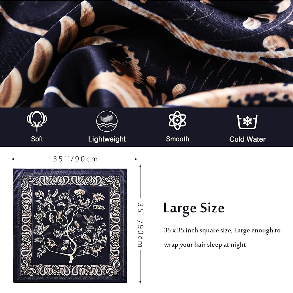 PALAY Scarf for Women Square Scarfs Satin Silk-Like Hair Scarves Wraps Headscarf (Black)