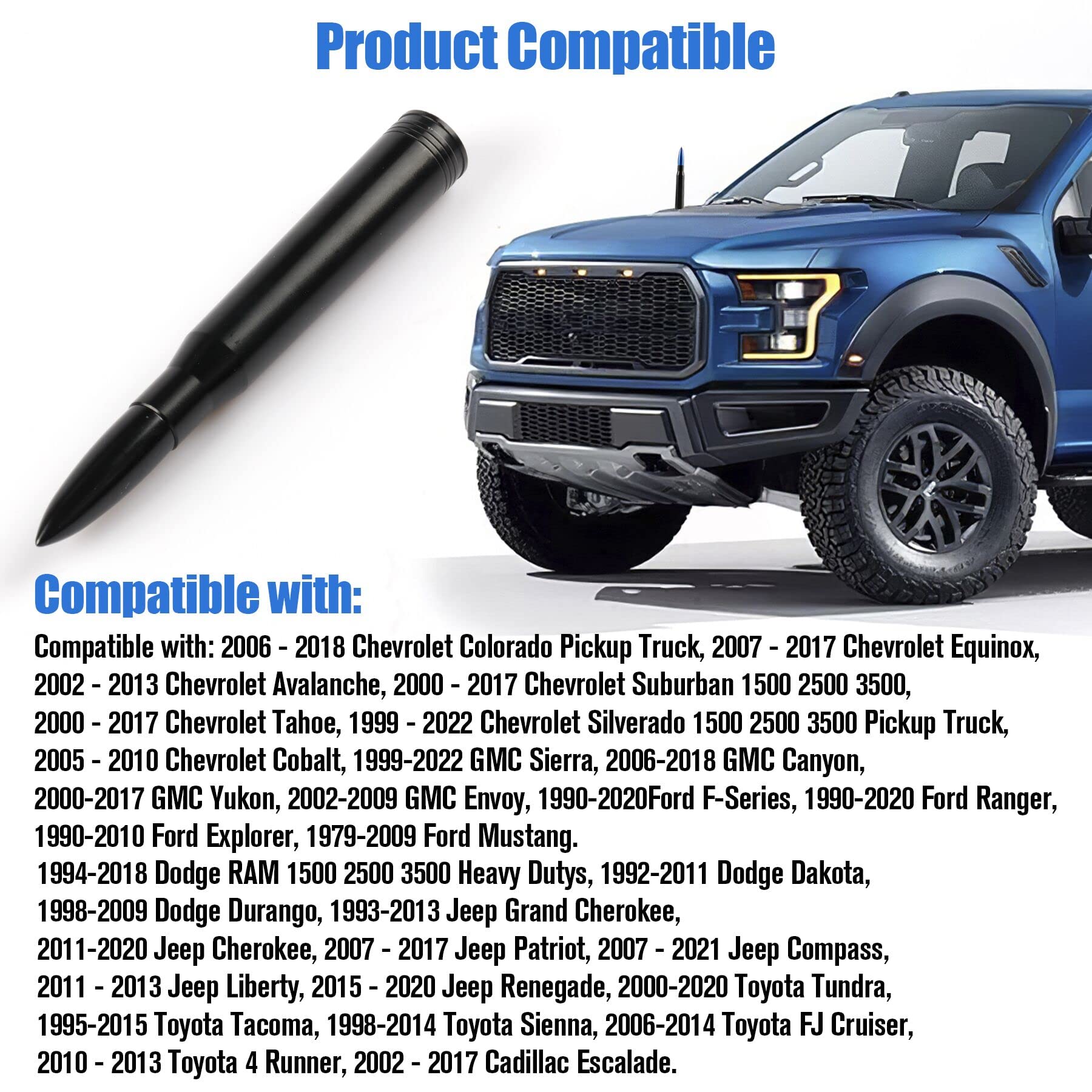 ZIBUYU Bullet Car Antenna, 5.5 Inch Universal AM/FM Radio, Bullet Antenna Car Vehicle Truck Replacement Antenna Compatible with Ford, Dodge, Chevrolet, GMC, Jeep, Toyota Truck Accessories, Blue