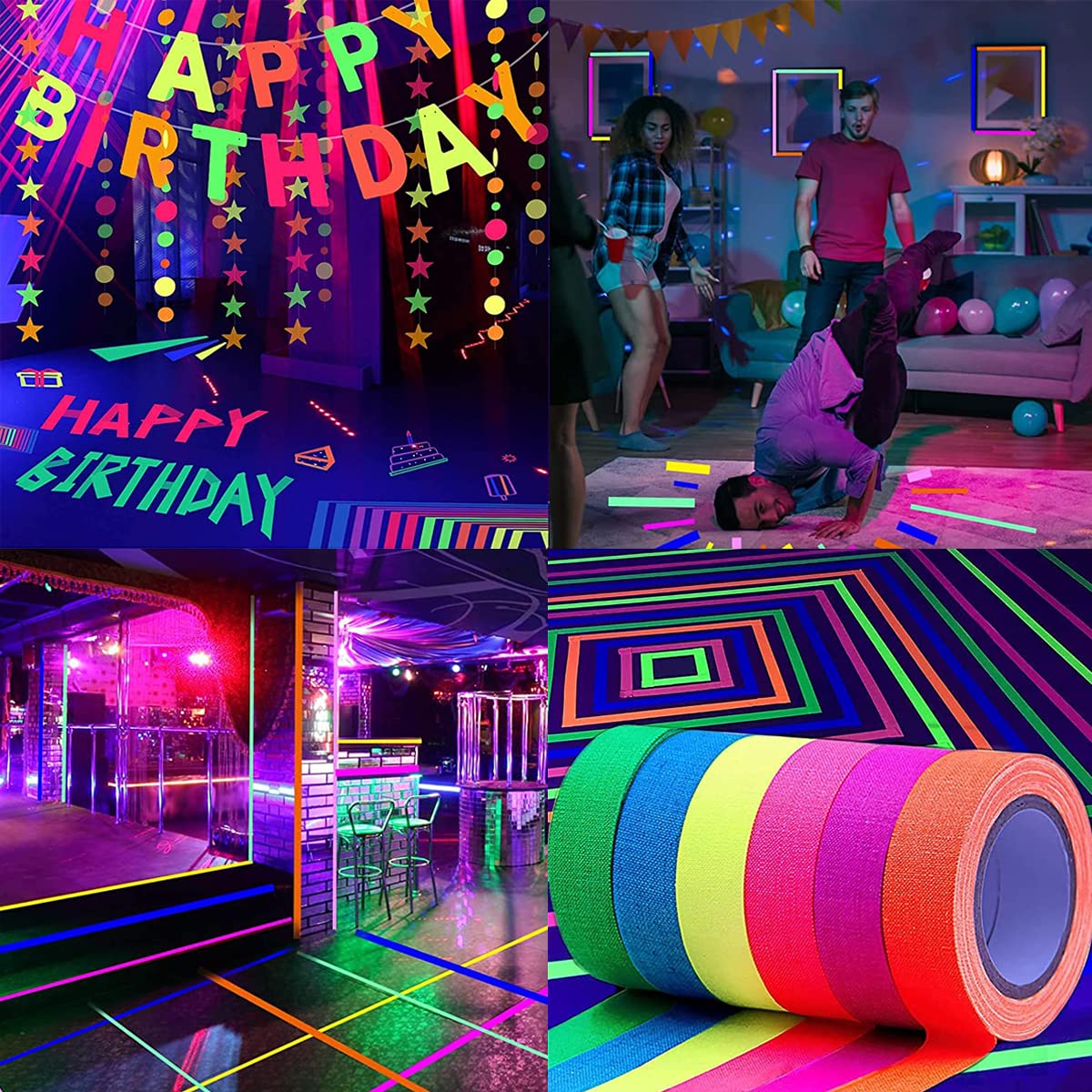 HASTHIP 6 Neon Color Tape, Glow Tape Self Adhesive Black Light Tape Sets, Fluorescent UV Reflected Blacklight Tape Glow in the Dark for Party, Marking, Party Supplies Tape, 0.6 inch x 16.5 feet