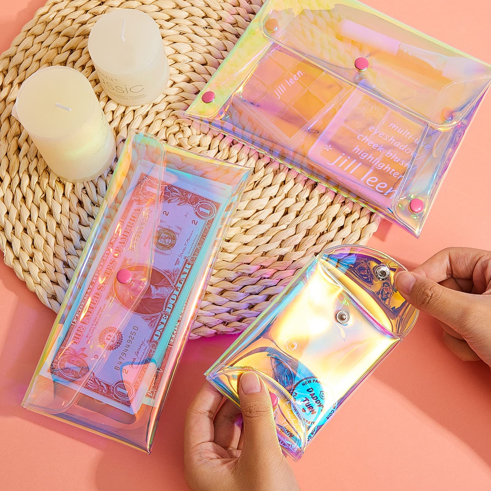MAYCREATE 3 Pack Holographic Pouch Clear Makeup Bag Coin Purse Pencil Pouches, Iridescent Cosmetic Storage Bag Jewelry Accessories Organizer for Girls Women Kids - Snap Button, Mix Sizes