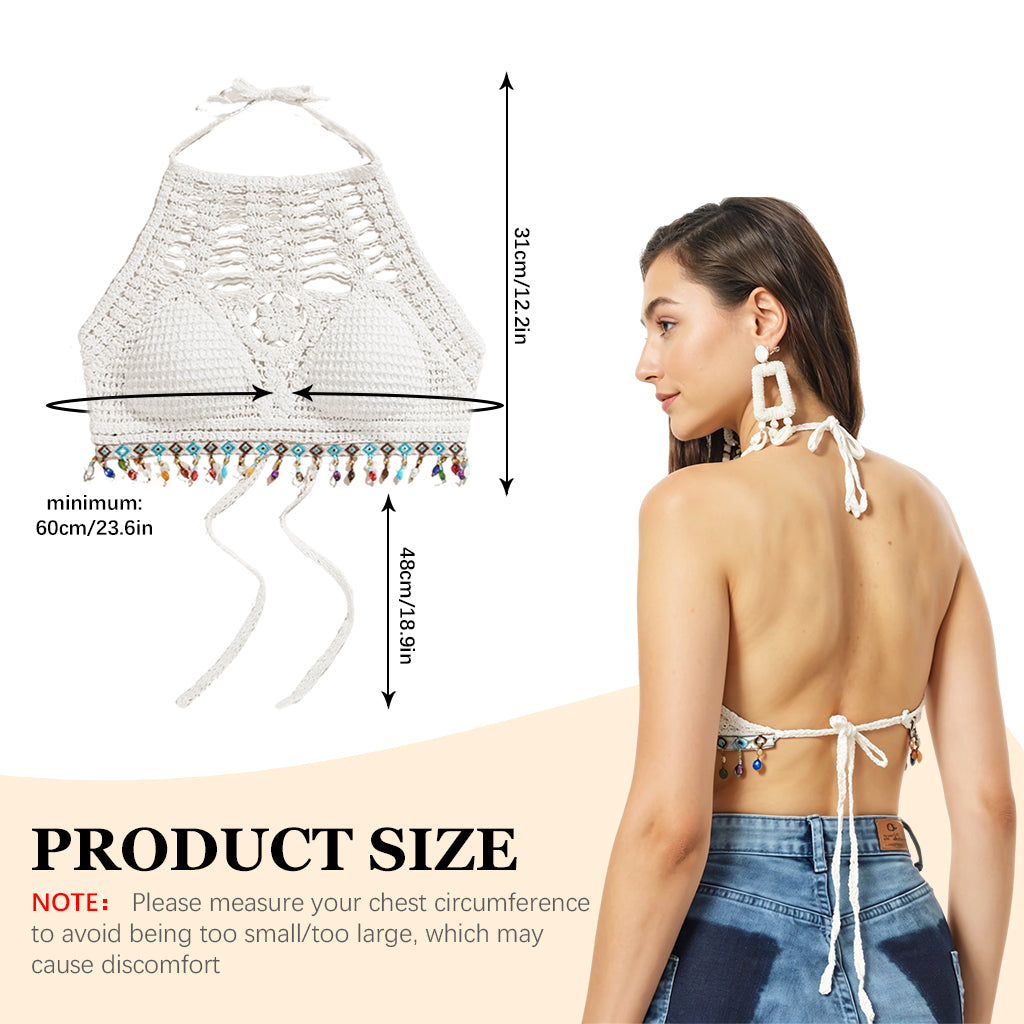 PALAY Women's Summer Beach Backless Crochet Halter Bikini Crop Top Crochet Hollow Out Tassle Embroidery Knit Boho Beachwear
