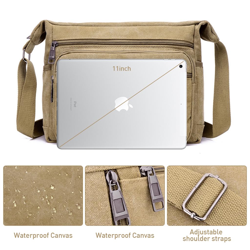 ZIBUYU Sling Bag for Men Crossbody Bag Khaki Canvas Messenger Shoulder Bag Multi-pocket Satchel Crossbody Bag for Mens Side Bags for Men Stylish for Adults, Men and Women