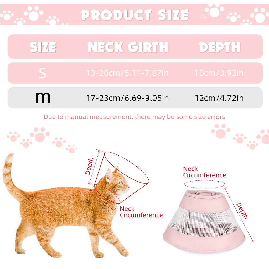 Qpets Cat Cone, Drawstring Adjustable Cat Cone Lick-proof Cat Cone for Recovery Protective Collar Patchwork Breathable Mesh Cat Cone Collar for Cat, S
