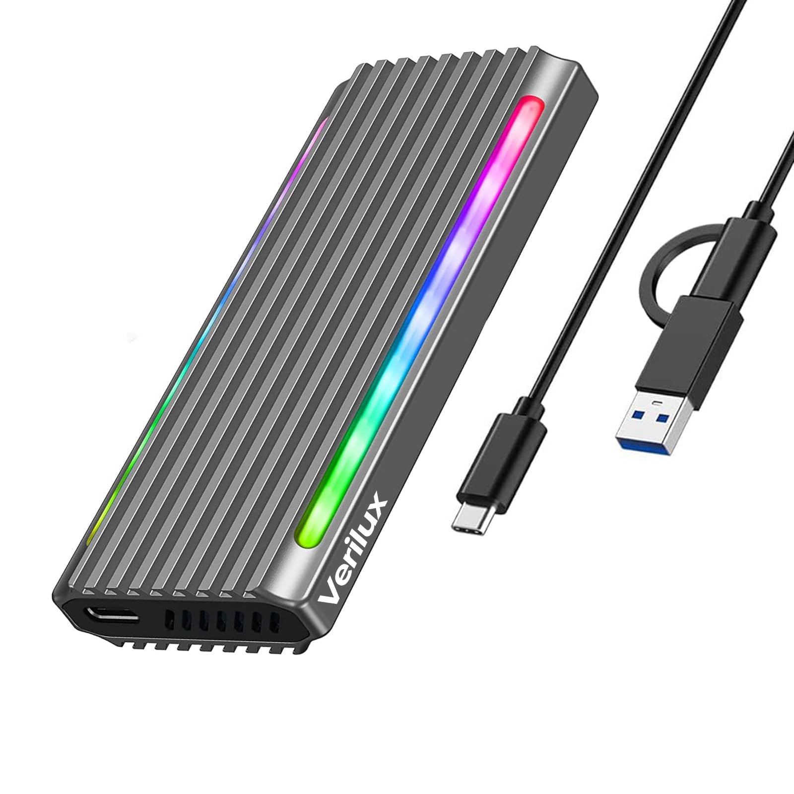 Verilux M.2 NVMe SSD Enclosure with RGB Light, 10Gbps M.2 NVMe to USB Adapter, USB C External NVMe SSD Enclosure, USB 3.2 M.2 NVMe Reader Supports M and B & M Keys, Fits 2230 2242 2260 2280