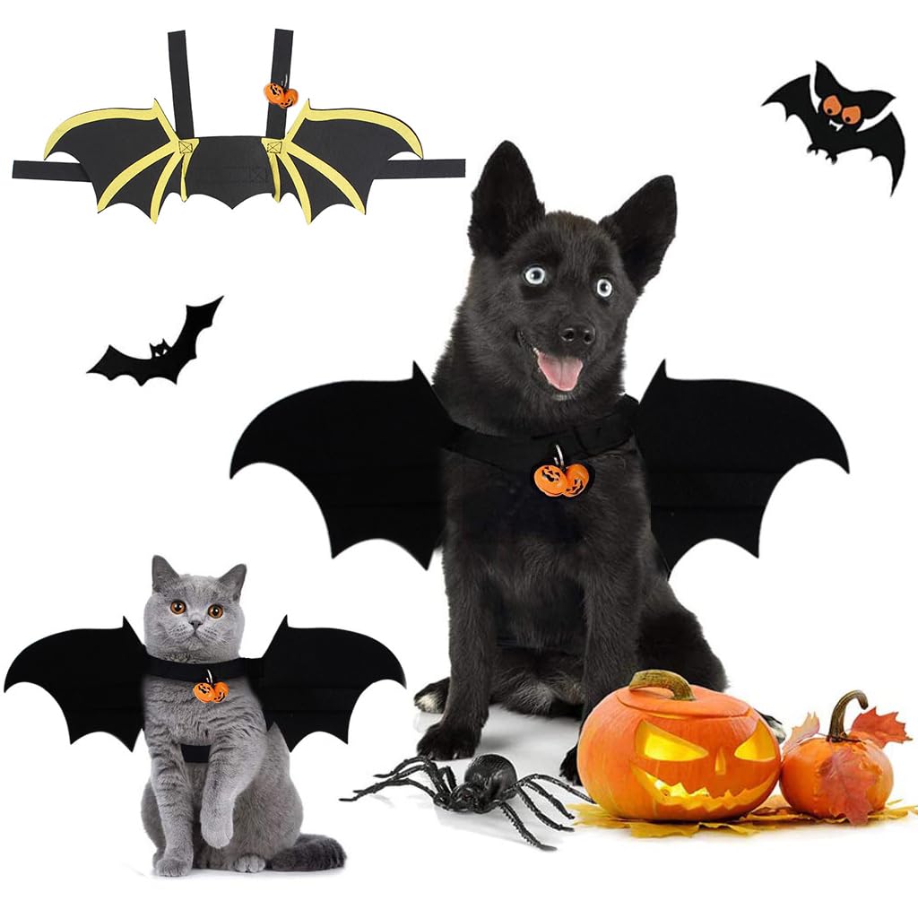 Qpets Bat Wing Costume for Cat Puppy Bat Wing Collar with Bell Halloween Pet Costume Adjustable Hoop and Loop Closure Halloween Party Favor Dress Up for Cat Puppy, S