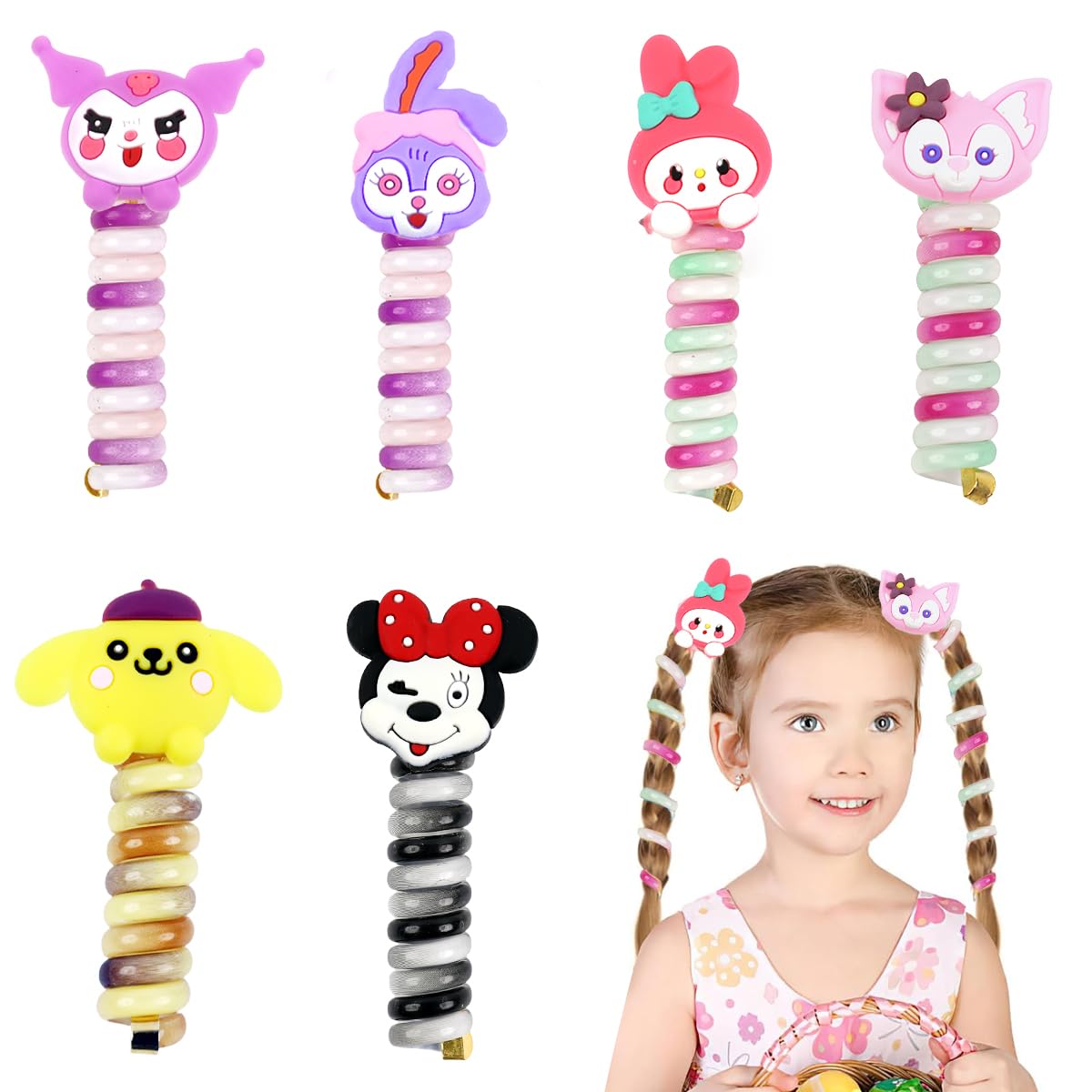 PALAY 6Pcs Telephone Wire Hair Band for Kids Cartoon Spiral Hair Ties Cute Kids Hair Accessories for Girls Kawaii Spring Rubber Bands for Hair Braids Ponytail Maker