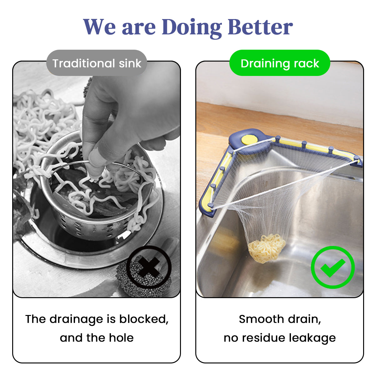 HASTHIP Kitchen Sink Strainer With 50Pcs Filter Mesh Bags Self Adhesive Folding Sink Strainer Dish Cloth Rack Metal Modern Kitchen Sink Edge Disposable Residues Strainer