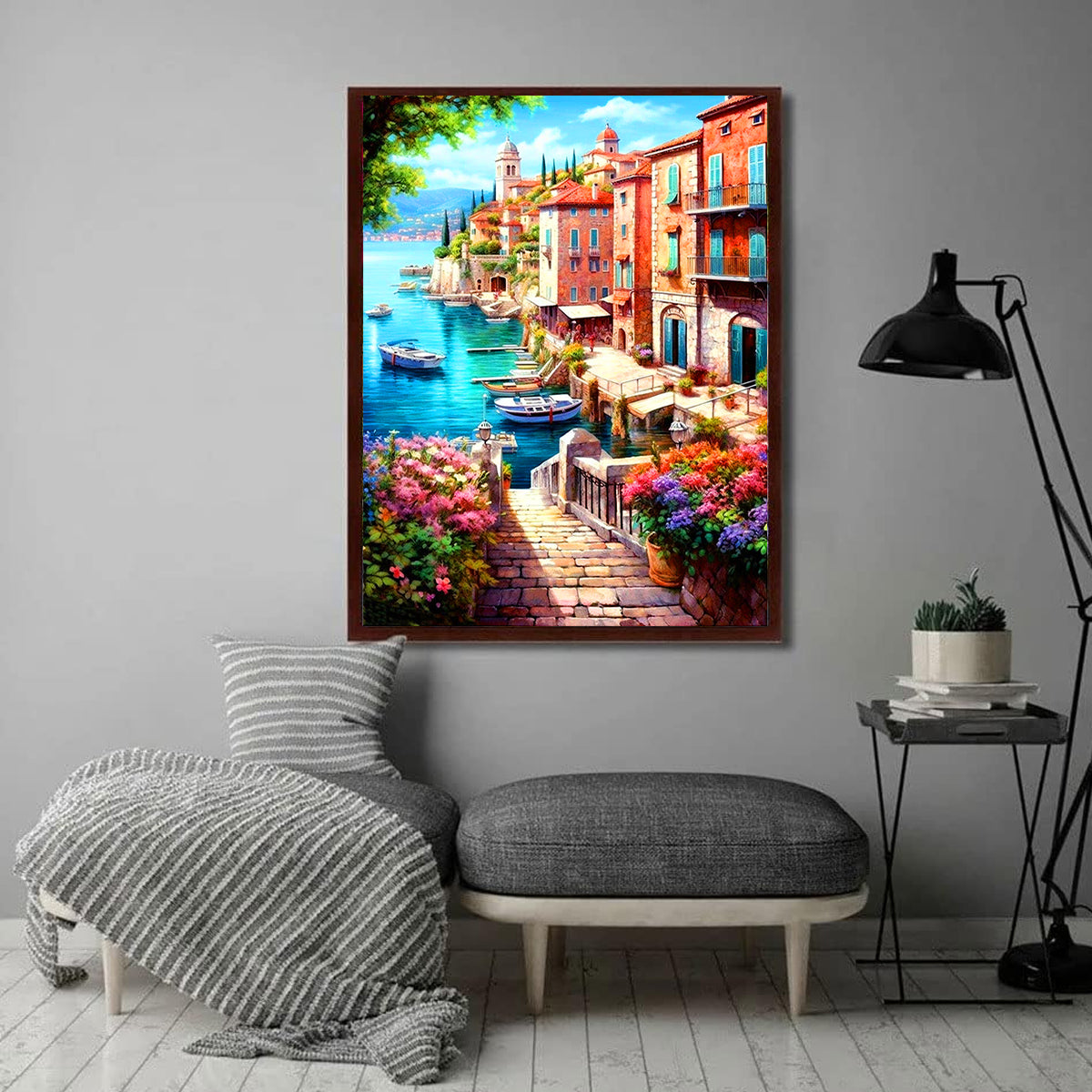HASTHIP Diamond Painting Kit 12x16 inch DIY Diamond Art Craft Kit Lakeside Town Scenery Diamond Painting Material Kit for Home Wall Decor Home Gift, with Tools and Accessories