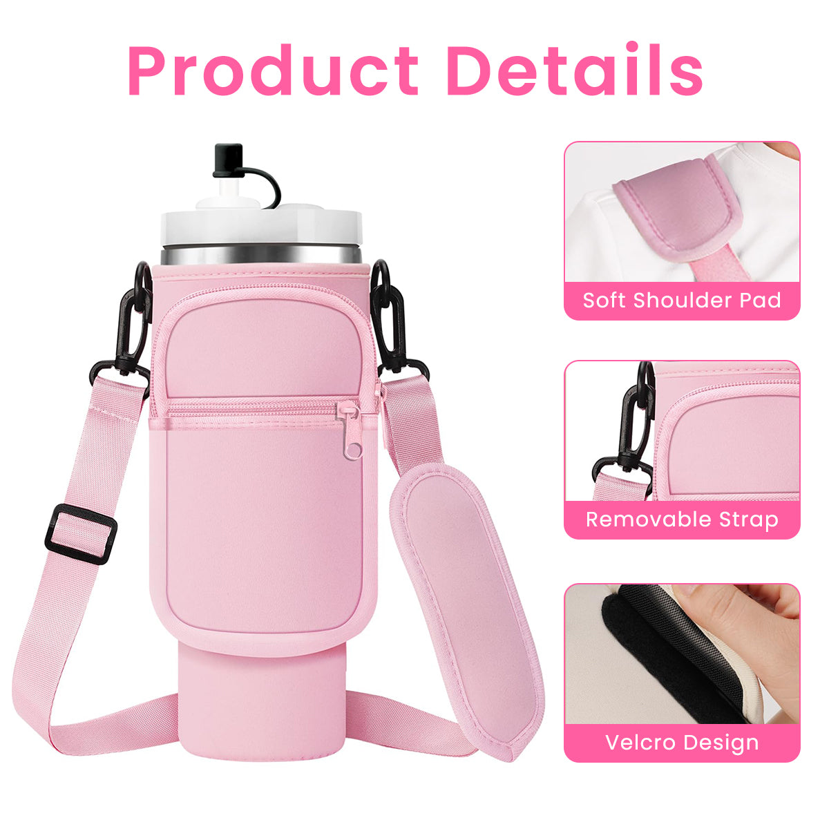 HASTHIP Water Bottle Carrier Bag for Stanley 40/30 oz Tumbler with Phone Pocket Water Bottle Holder with Strap Neoprene Water Bottle Pouch for Stanley Cup Accessories (Pink)