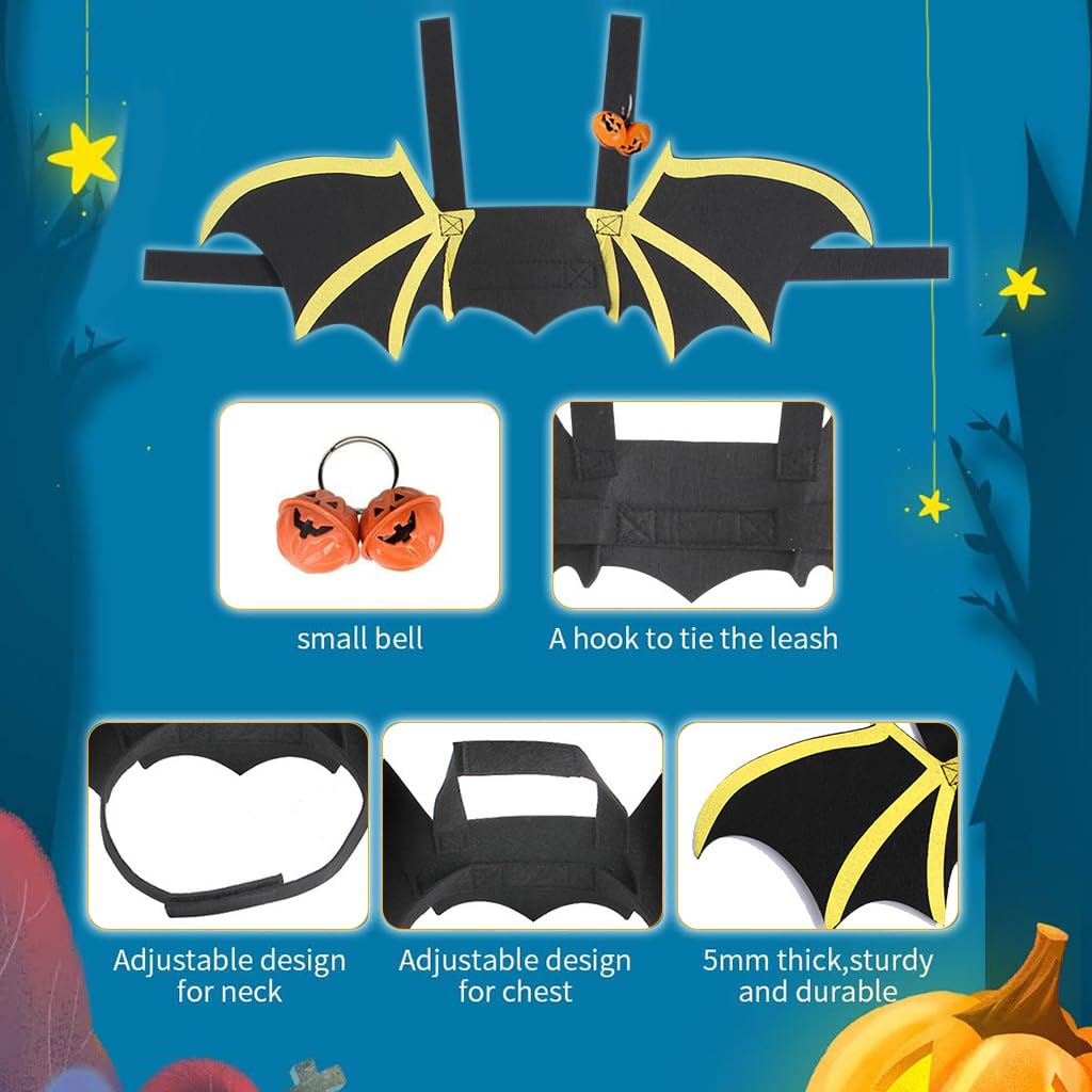 Qpets Dog Costume, Bat Wing Costume for Cat Puppy Bat Wing Collar with Bell Halloween Pet Costume Adjustable Hoop and Loop Closure Halloween Party Favor Dress Up for Cat Puppy, Size M