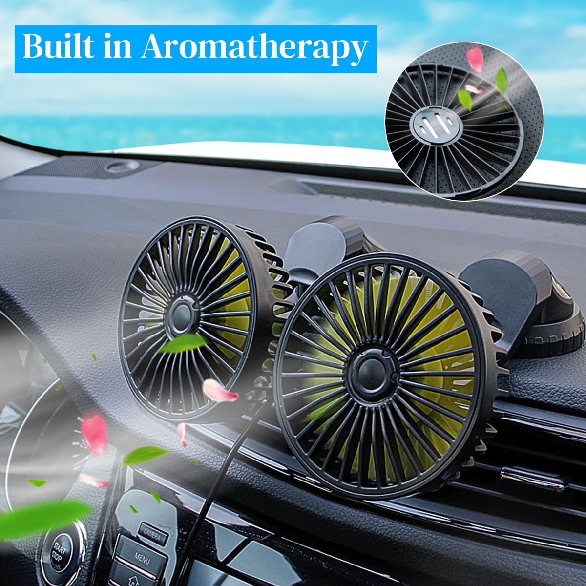 STHIRA Fashion Dual Head Car Fan with Separate Controls, LED Lights & Flexible Arm Design USB Fan for Car, Plug and Play DC Fan, 12V High-Speed Airflow, Compact Size, Universal Fit for All Vehicles