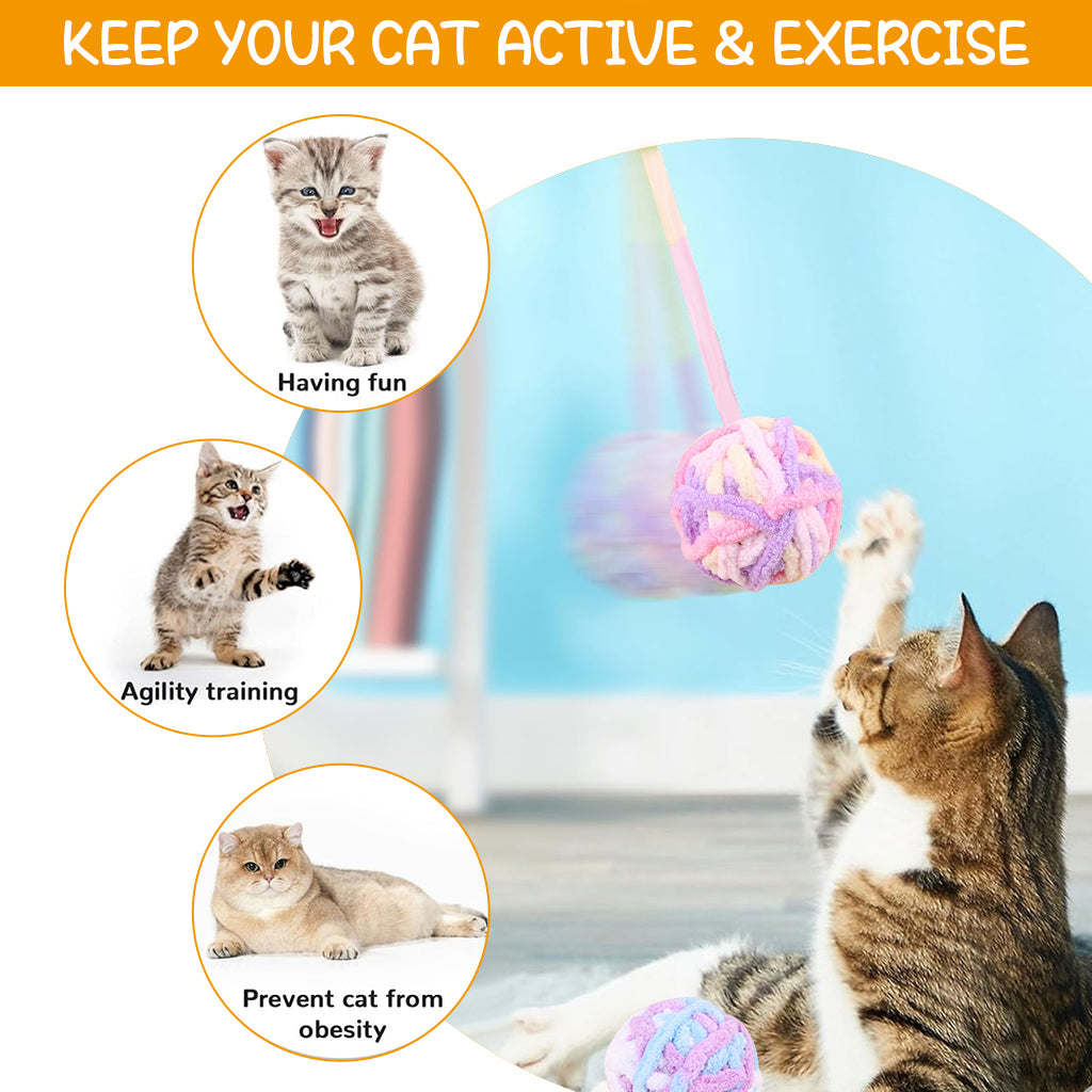 Qpets Plush Cat Ball Toys, Rattling Cat Teasing Toys with Built in Bell, Colorful Woolen Ball Toy Sound Toys (3Pcs)