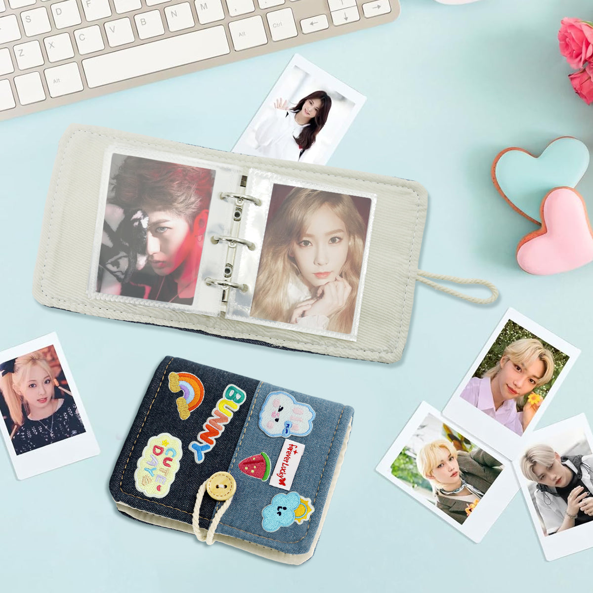 HASTHIP DIY Pocket Photo Album Holds Up 40-Photoes Fashion Patchwork Photo Album with Cartoon Embroidery Decals Cartoon Instant Square Films Pocket Album Kpop Star Photocards Binder Album