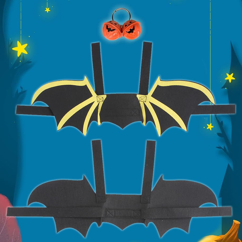 Qpets Dog Costume, Bat Wing Costume for Cat Puppy Bat Wing Collar with Bell Halloween Pet Costume Adjustable Hoop and Loop Closure Halloween Party Favor Dress Up for Cat Puppy, Size M