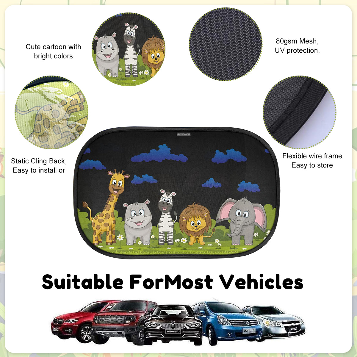 STHIRA 2Pcs Car Window Sun Shade Pop-up Mesh Screen Side Window Shade Stylish Cartoon Blackout Shade UV Protection Sun Shade for Kids Universal Packable Car Window Sun Shade, 17.32x13.78 inches