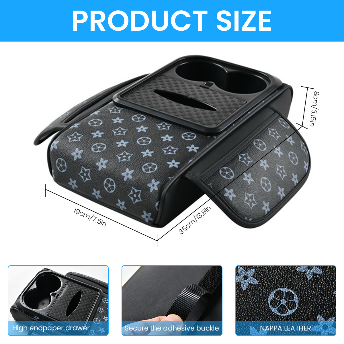 STHIRA PU Armrest for Car Center Console 4 in 1 Armrest Pad with Cup Holder Tissue Paper Box & Pocket Fashion Printed Car Center Console Armrest Universal Car Armrest Cushion