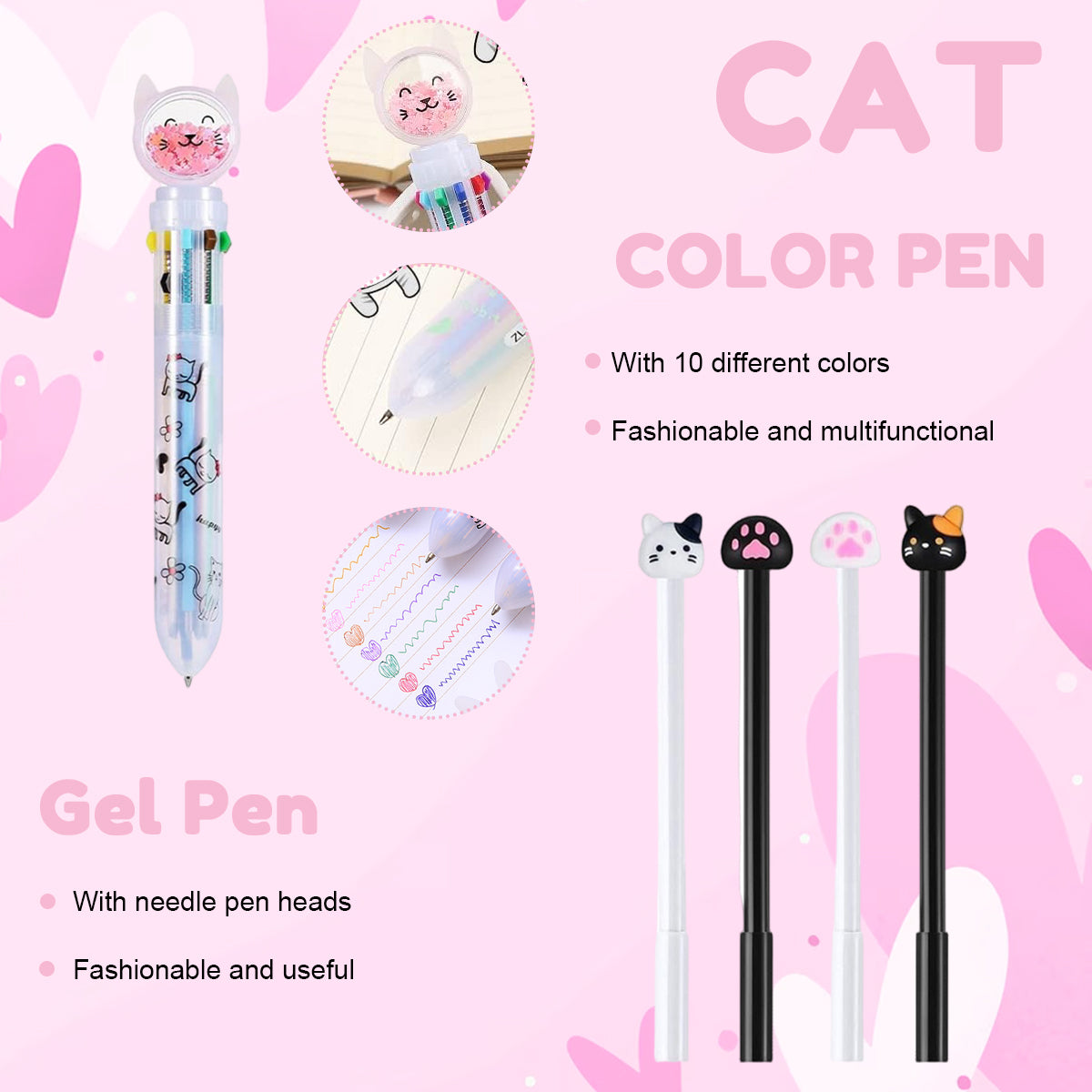 Climberty Cute Cat Stationery Set Kawaii Pop up Pencil Case with Gel Ink Pens, Multi-Color Click Pen, Mechanical Pencil & Refills, Pencil Pouch, Ruler, Eraser & DIY Stickers for Girls & Students