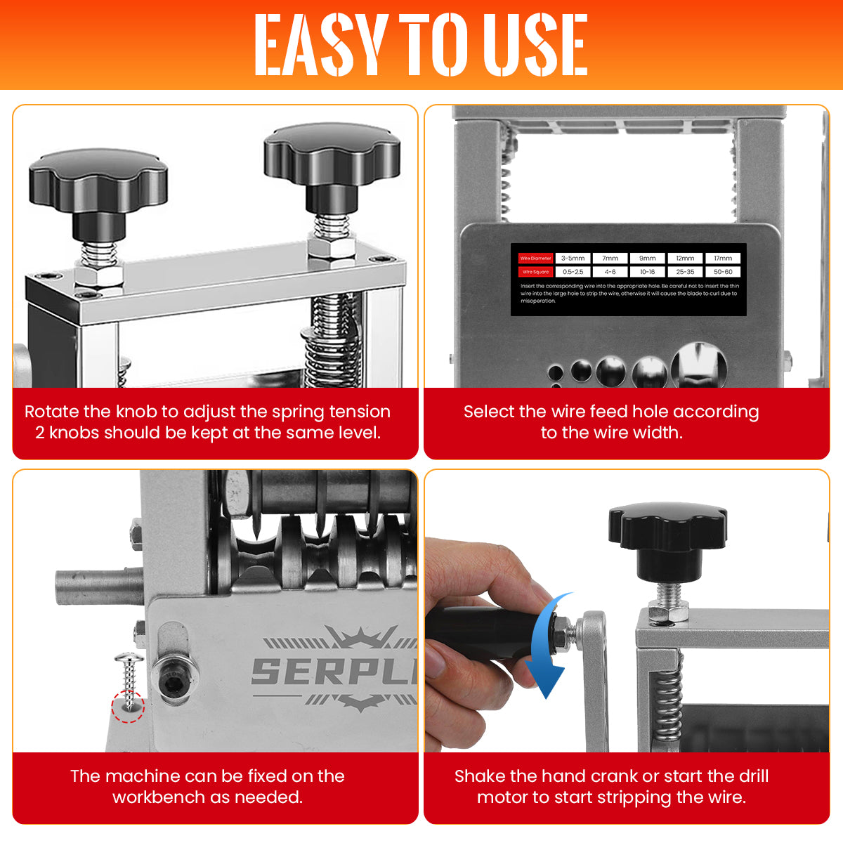 Serplex 6-IN-1 Manual Wire Stripper Machine Drill-Operated Wire Stripper Tool with Hand Crank 3-17mm Dia Cable, Manual Wire Stripping Machine with 6 Tracks & 5 Carbide Blade, for Wire Stripping