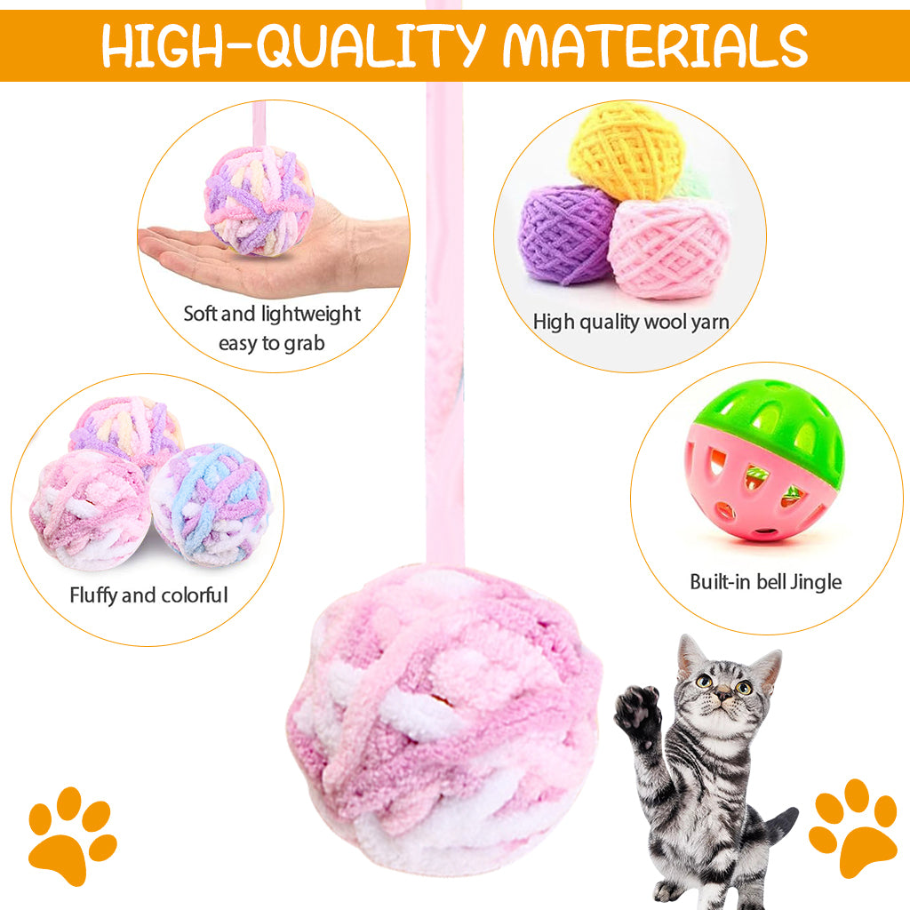 Qpets Plush Cat Ball Toys, Rattling Cat Teasing Toys with Built in Bell, Colorful Woolen Ball Toy Sound Toys (3Pcs)