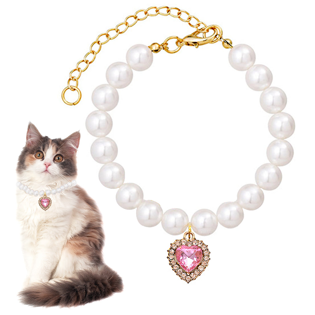 Qpets Cat Collar Jewelry Necklace Pink Rhinestone Heart Charm Pearl Necklace Adjustable 9-11 inches Cat Puppy Charm Necklace Dressing Up Jewellry Photography Prop