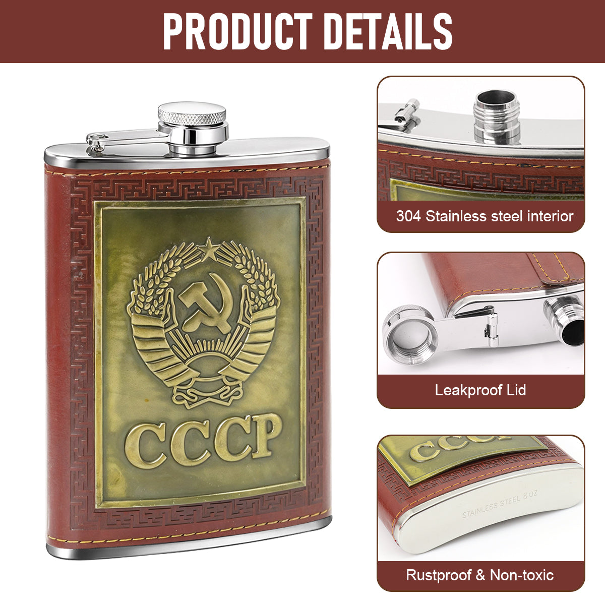 HASTHIP Set of 6pcs 8 Oz Stainless Steel Whisky Flask Bottle Gift Box CCCP Embossed PU Finish with Funnel, Drinking Cups, Keyring, Pen, Liquor Flask Set for Men, Ideal Father's Day Gift