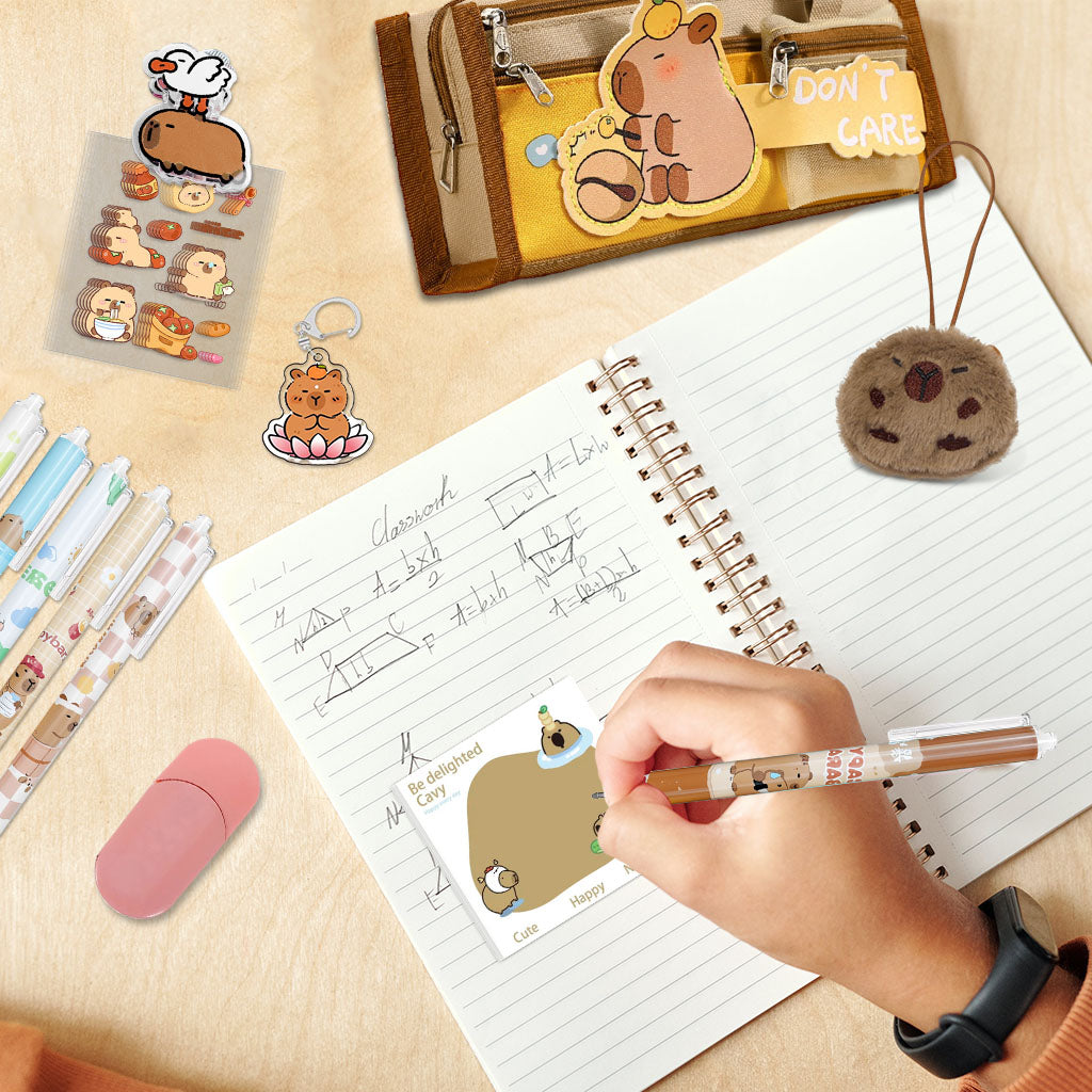 Climberty Capybara Stationery Set for Students & School Gift, 64 Pcs Adorable Cartoon Supplies with Pens, Pencil Bag, Stickers, Correction Tape, Sticky Notes & Capybara Backpack Charm
