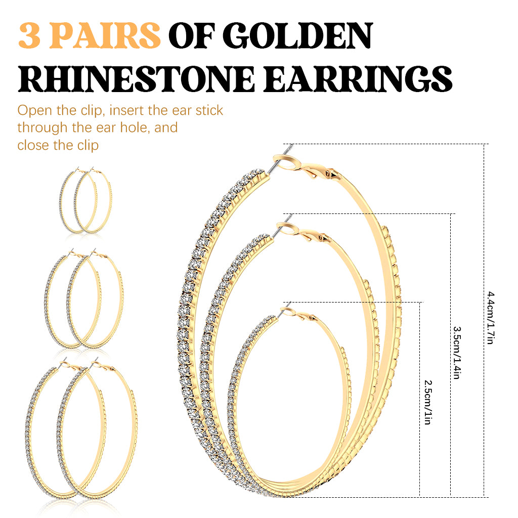 SANNIDHI 3 Pairs Hoop Earrings Bold Golden Rhinestone Embellished Alloy Earrings Multi Sized Round Hoop Earrings Women Jewelry Gift Birthday Gift