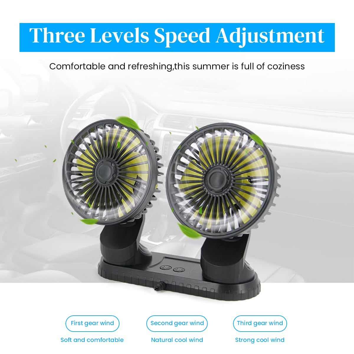 STHIRA Fashion Dual Head Car Fan with Separate Controls, LED Lights & Flexible Arm Design USB Fan for Car, Plug and Play DC Fan, 12V High-Speed Airflow, Compact Size, Universal Fit for All Vehicles