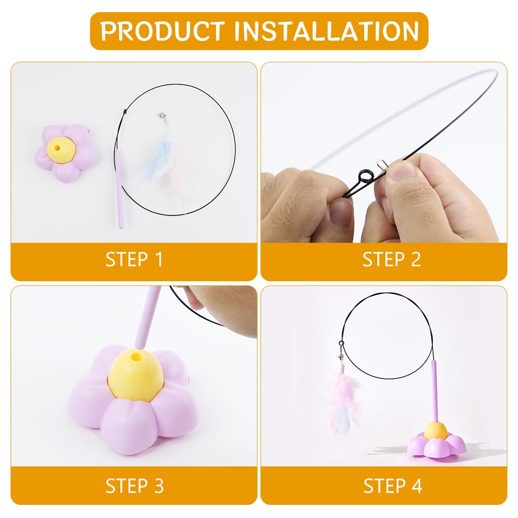Qpets Cat Toy Cat Teaser Wand with Suction Cup Cute Flower Suction Base Floor Self-entertainment Cat Teaser Toy with Color Feather Charm Cat Toy Interactive Cat Toy Wand Kitten Toys for Indoor Cats