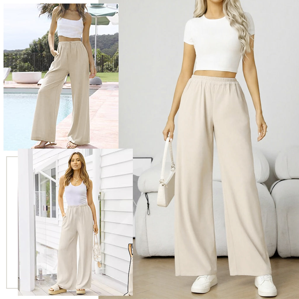 SANNIDHI Women's High Waisted Wide Leg Pants, Wide Leg Palazzo Pants for Women Elastic Business Causal Pants Women Summer for Beach Travel Loose Trousers