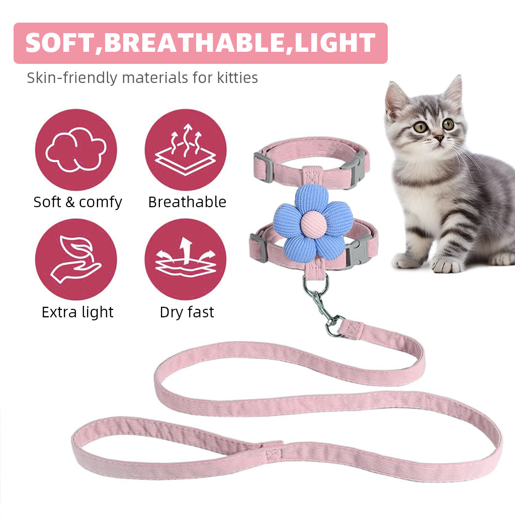 Qpets Cat Harness with Leash, Cat Harness and Leash Set for Small Cats with Quick Release Buckle, Escape-Proof Cute Flower Cat Belt for Outdoor Walking & Travel (M, Chest 27-43cm, Neck 23-33cm)