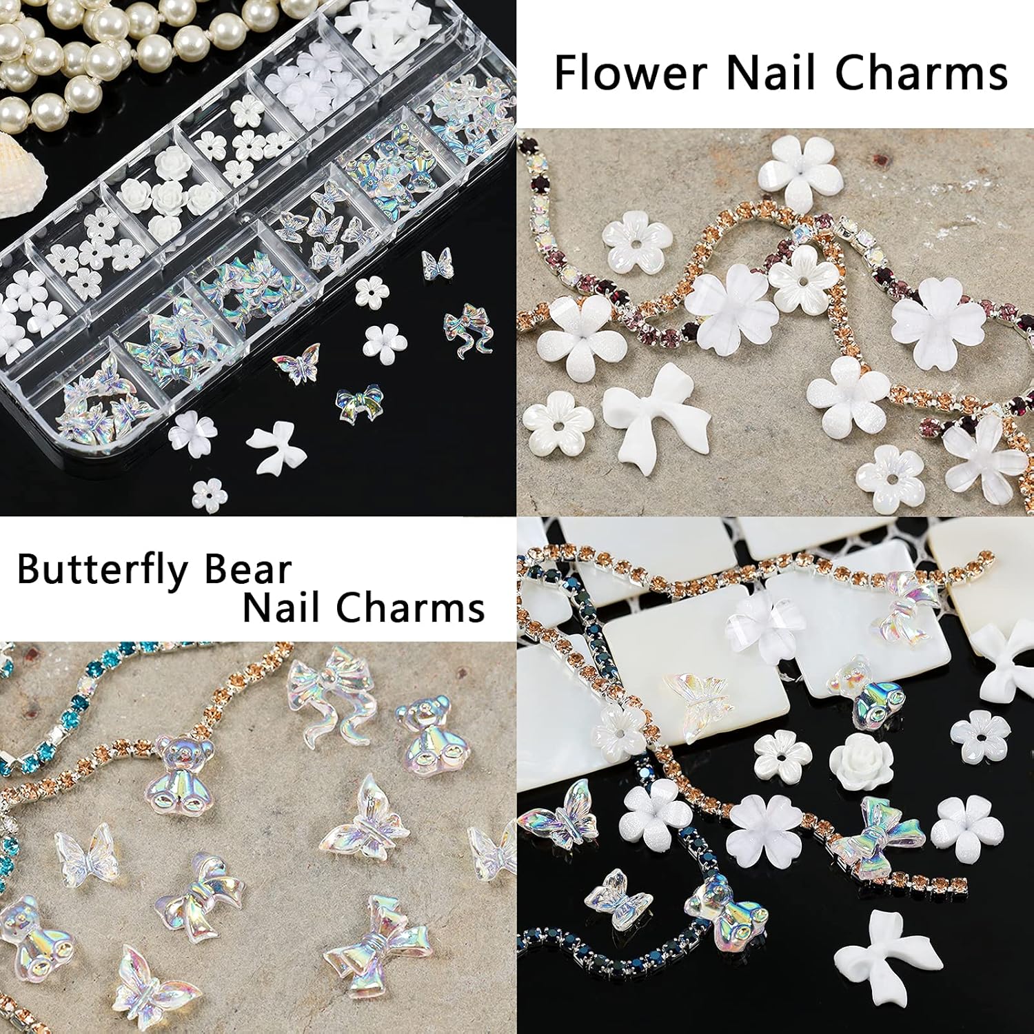MAYCREATE 3D Nail Charms Crystal Nail Gems for Nail Art, Crystal Bow Nail Art Gems Flat Nail Jewels Decorations Aurora Flowers Chains Nail Stuff for Nail Art Decoration Design DIY Crafting