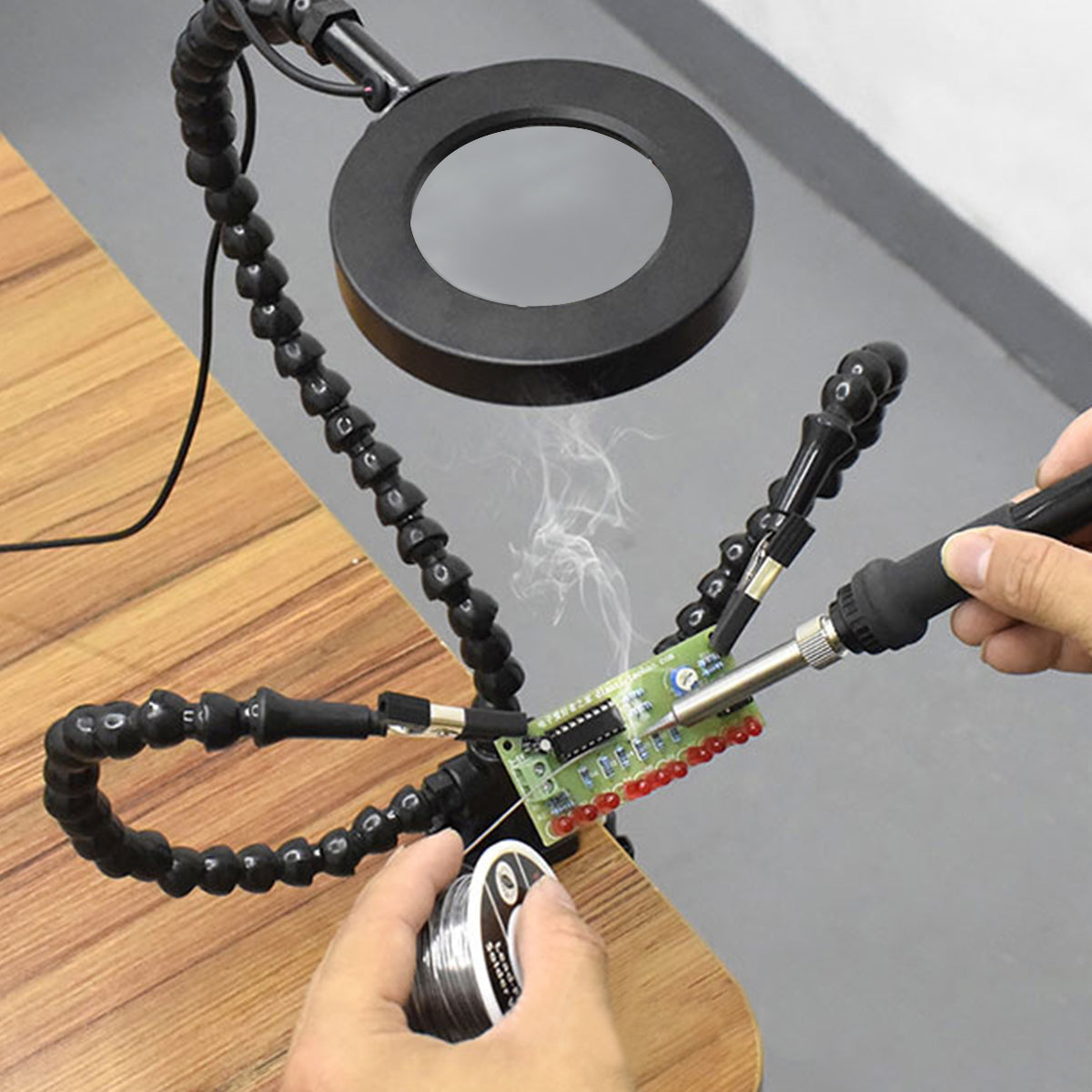 Serplex Wire Welding Aid with 3-Color LED Light Third-Hand Tool Desk Soldering Station Soldering Helping Hands with 2 Flexible Alligator Clip Arms Screw Fixed Soldering Station PCB Holder