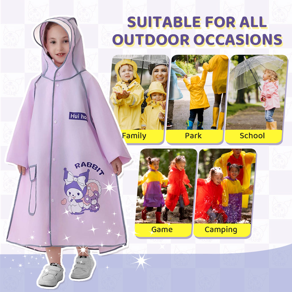 PATPAT Rain Poncho for Girls Kids Rain Coat EVA Rain Coat Knee-length Rain Coat with Transparent Wide Brim Hat & Pocket Button-Up High Collar Rain Coat Cartoon Kuromi Rain Coat for School, Camping, M