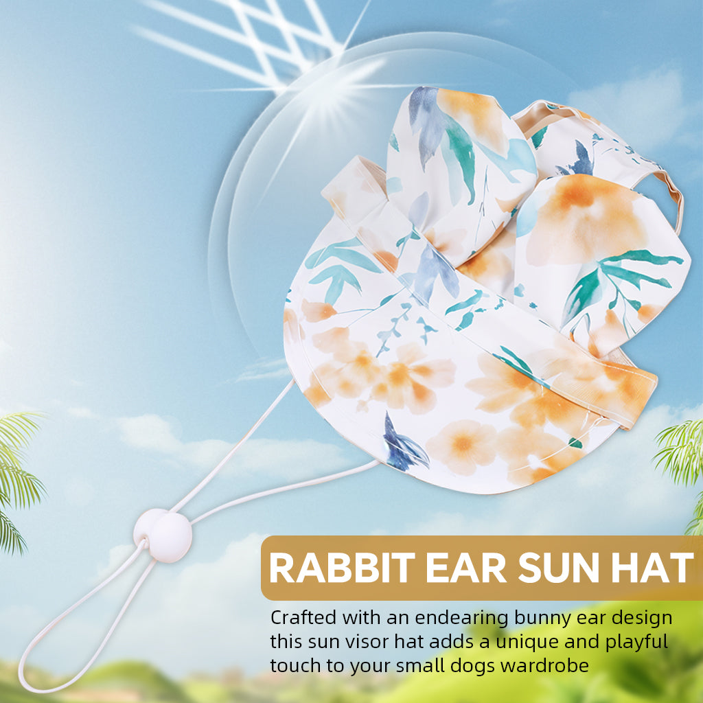 Qpets Small Dog Hat, Cute Puppy Sun Visor Hat with Bunny Ears Fashion Printed Sun Hat for Small Dogs with Chin Strap Dog Dressing Up Accessory Dog Hat for Party, Photography