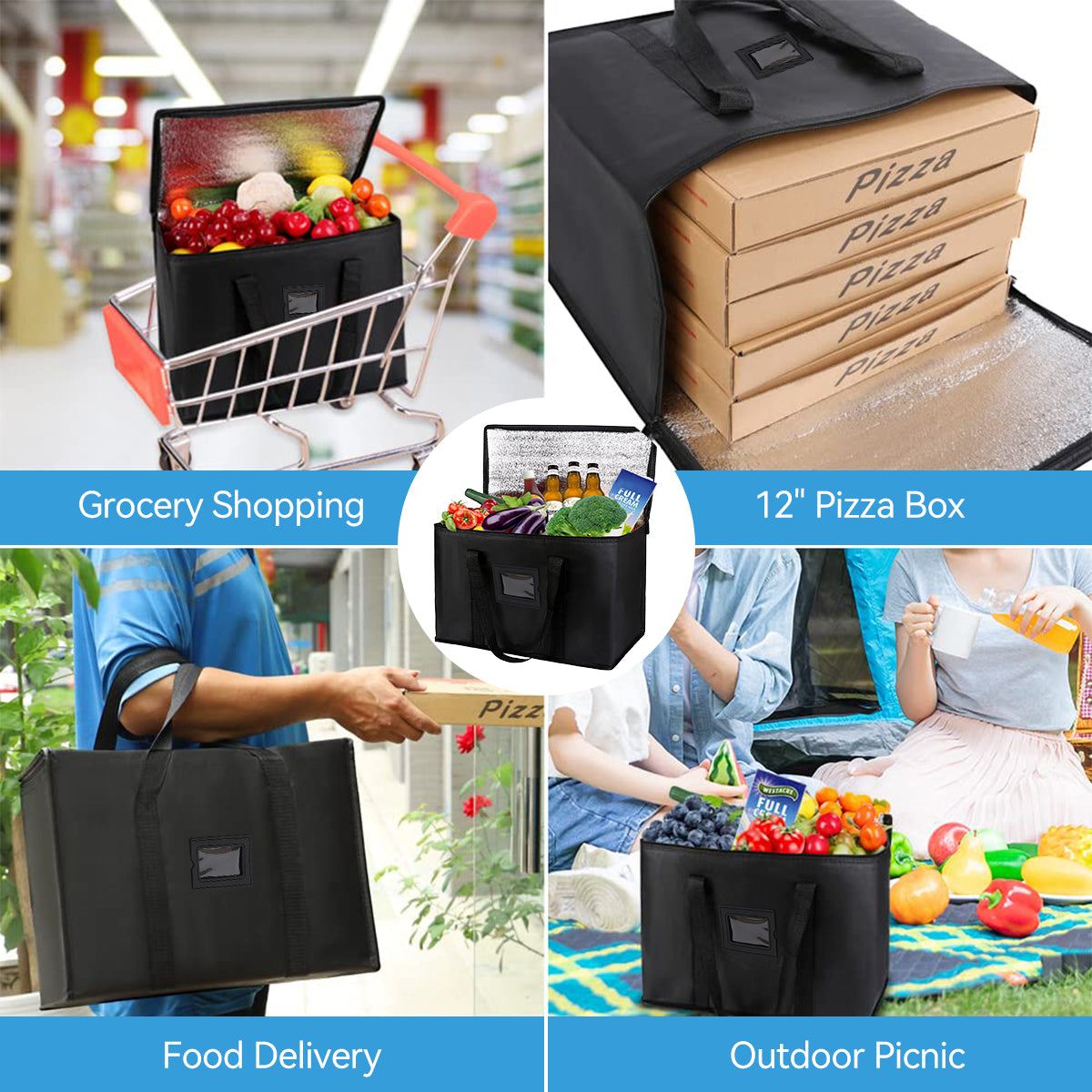 ZIBUYU Insulated Grocery Shopping Bags, Black, Reusable Bag,Thermal Zipper,Collapsible,Tote,Cooler,Food Transport hot and Cold,Camping,Recycled Material delivery Groceries