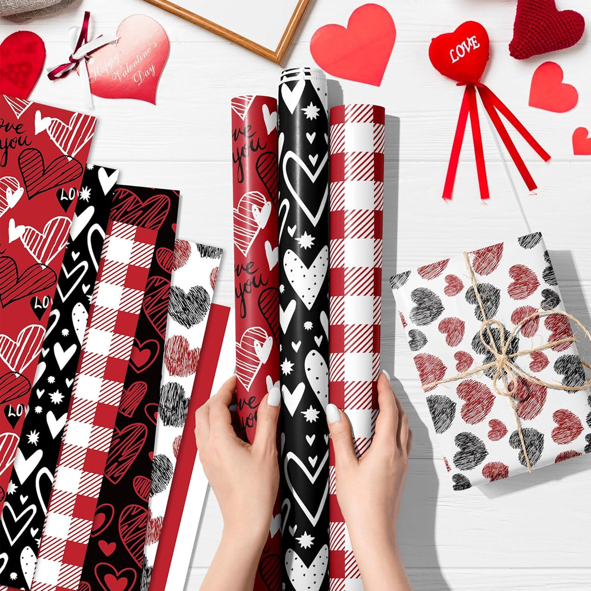 HASTHIP 12 Sheet Valentine's Day Wrapping Paper for Men Women - Heart, Love Design Gift Wrap Gift Packing Material for Birthday, Wedding, Anniversary, 26.7x16.7inches
