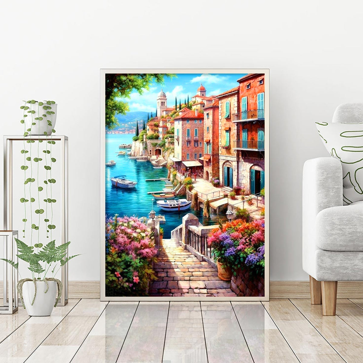 HASTHIP Diamond Painting Kit 12x16 inch DIY Diamond Art Craft Kit Lakeside Town Scenery Diamond Painting Material Kit for Home Wall Decor Home Gift, with Tools and Accessories