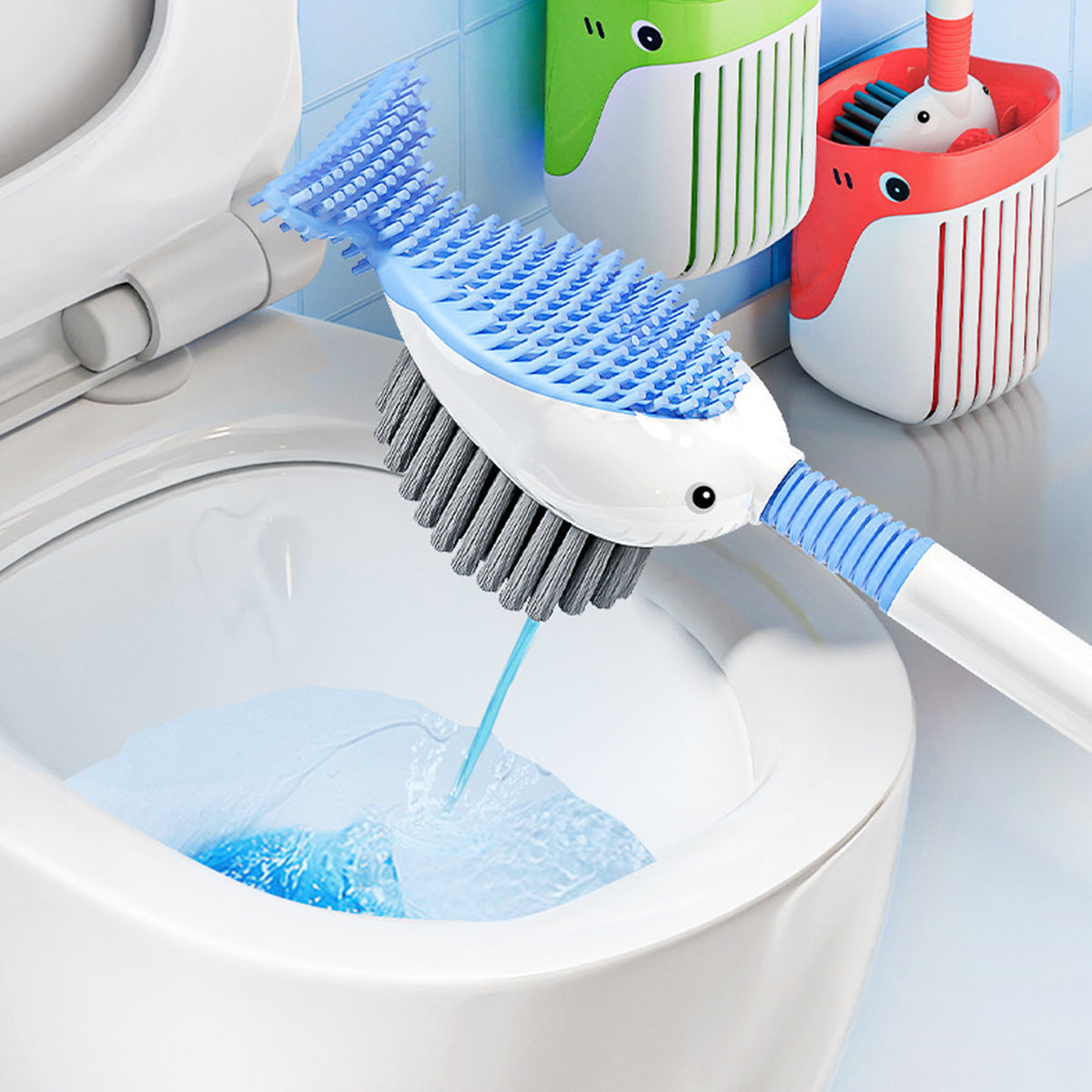 HASTHIP Toilet Brush with Suction Cup Drip Holder 2 in 1 Double Sides Toilet Brush with Intergrated Cleaning Agent Dispenser Flexible Silicone Whale-Tail Toilet Brush Cleaning Brush, 16 inches