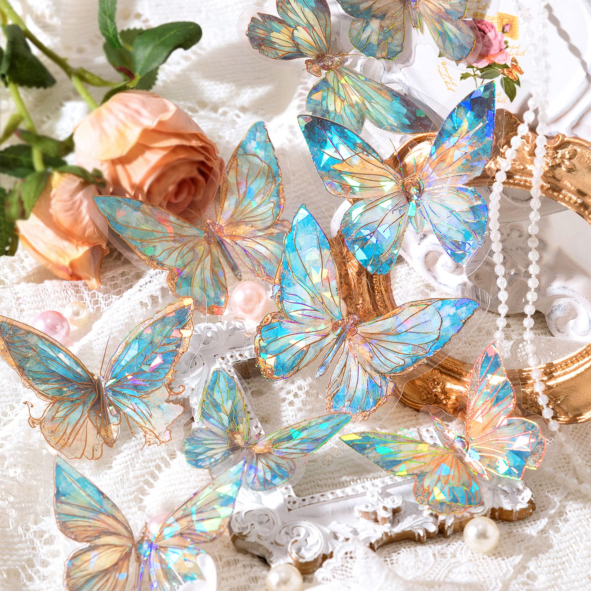 HASTHIP Butterfly Stickers Set - Ice Crystals Holographic Shiny Transparent Resin Waterproof Stickers Decals for Scrapbooking Supplies Bullet Journals Daily Planner Laptop (80 Pieces with 4 Themes)
