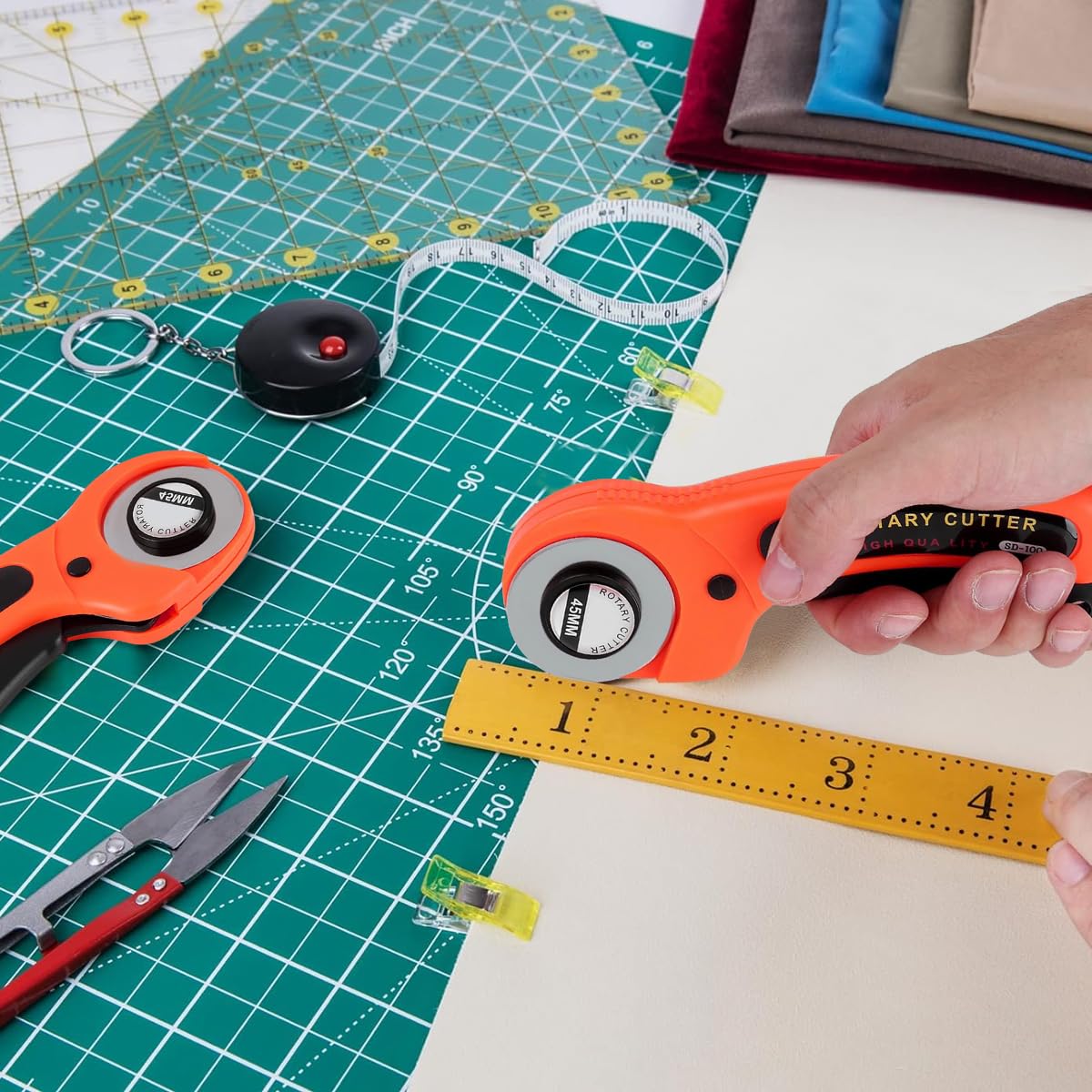 Serplex 45mm Fabric Roller Cutter with 9Pcs High-speed Steel Blades with 4 Types, Safe Lock Design Ergonomic Rotary Fabric Cutter For Sewing, Quilting, DIY Cloth Craft, Leather Craft, Felt Craft